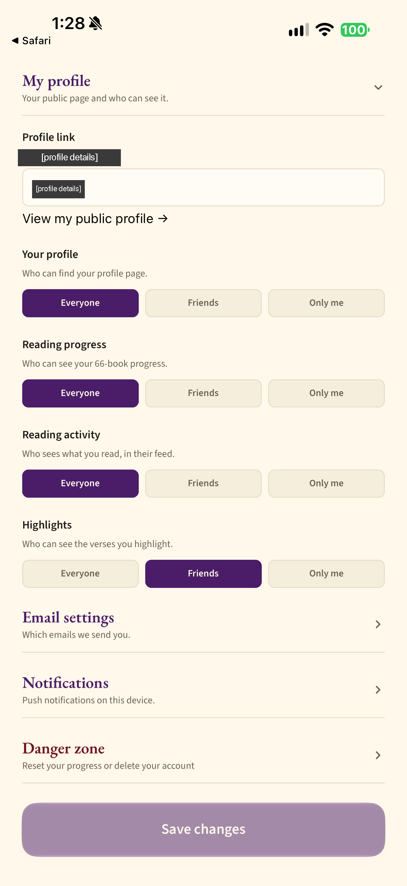Settings: privacy per signal