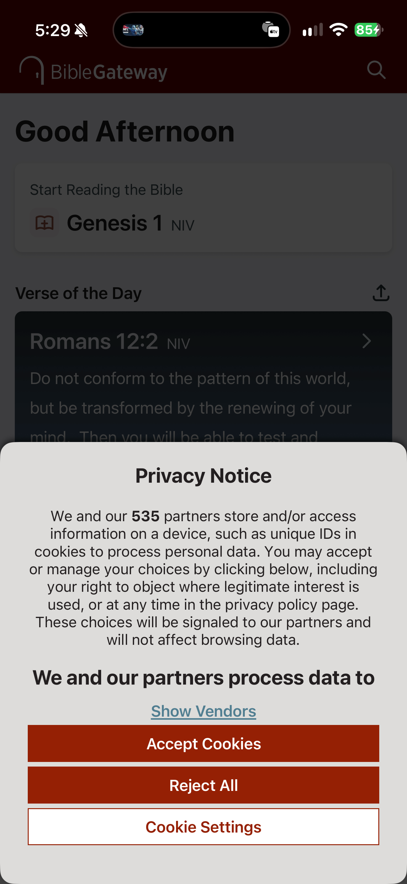 Bible Gateway cookie privacy notice