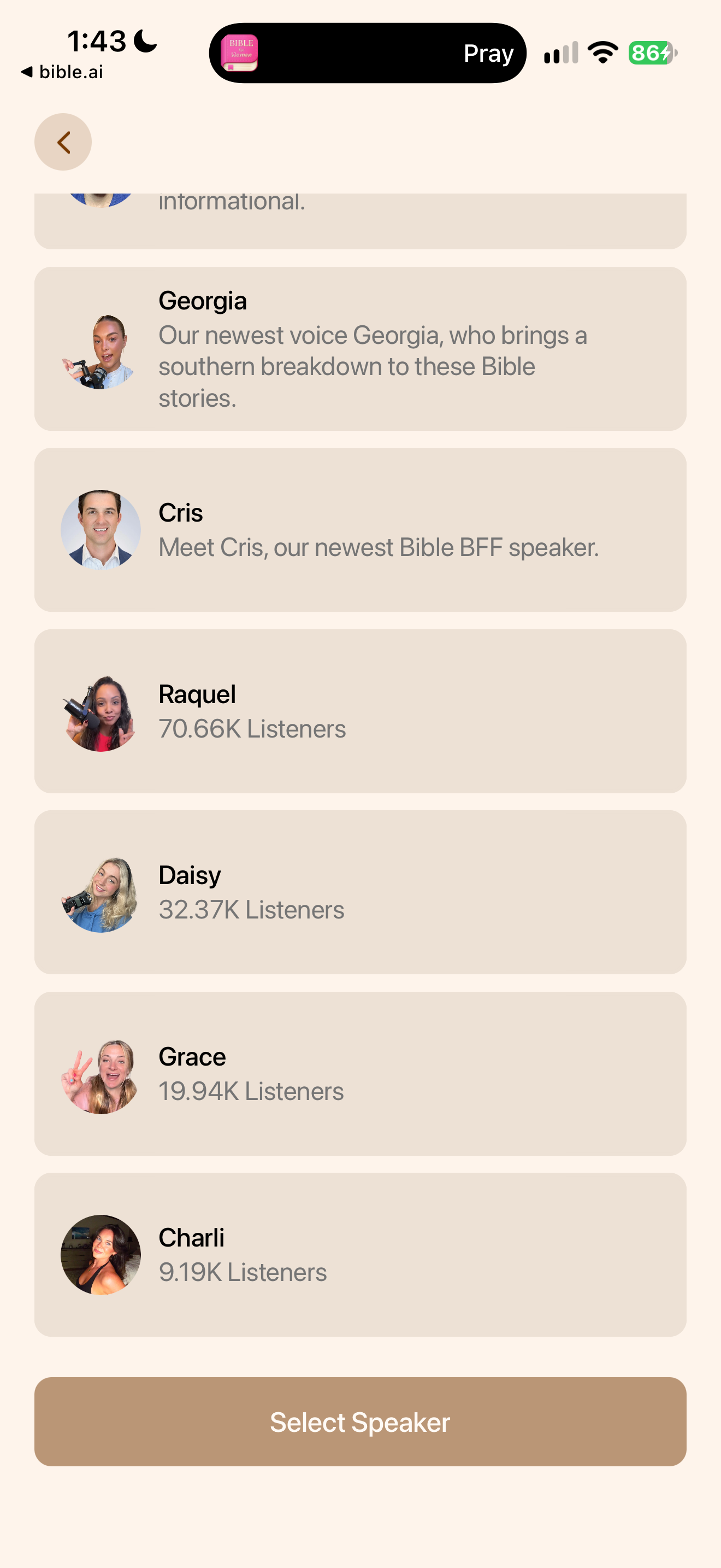 Speaker list, lower part