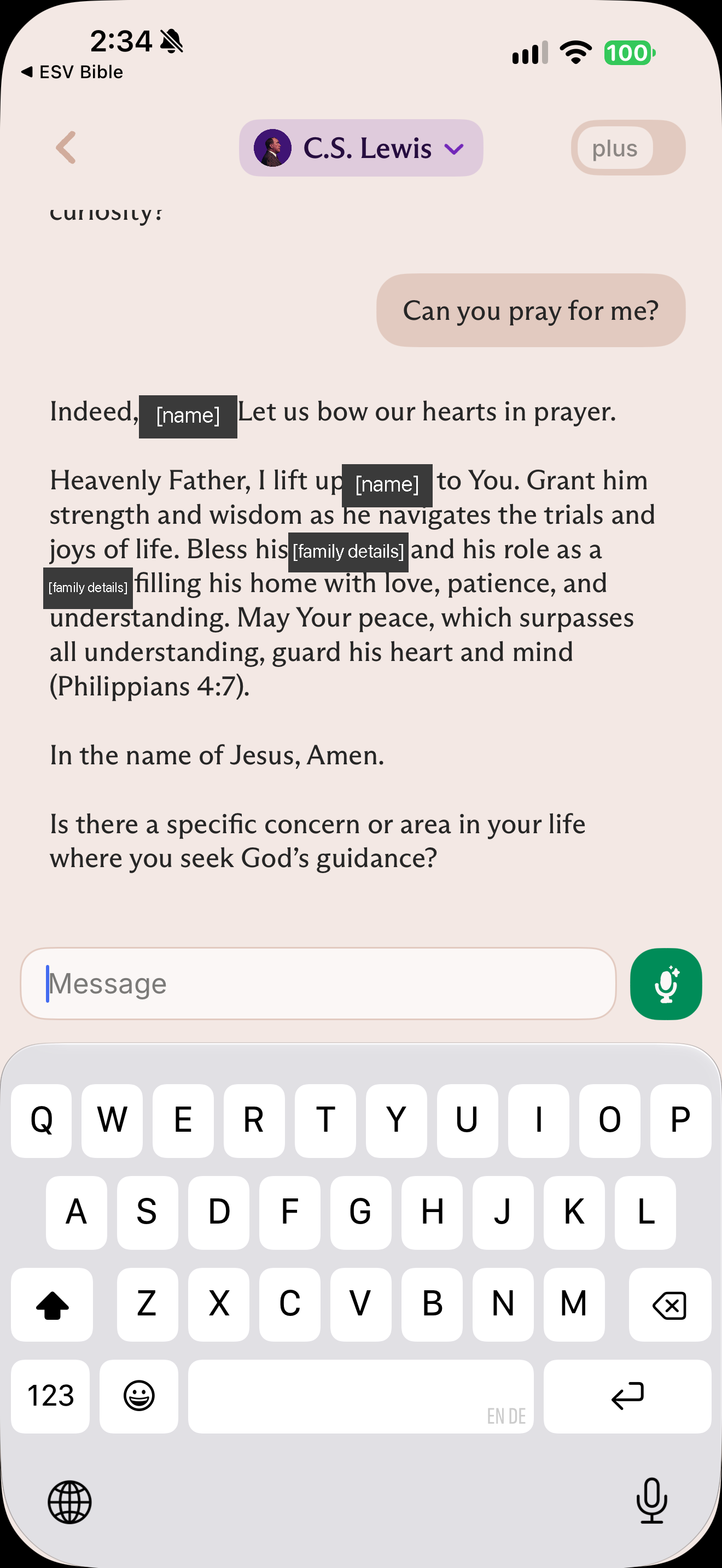 C.S. Lewis persona prays