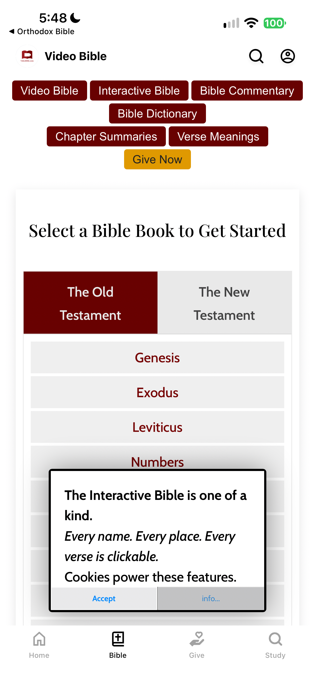 Video Bible book library and cookie prompt
