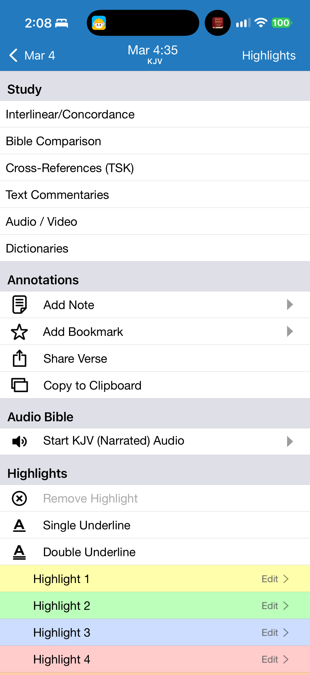Verse actions and highlight styles