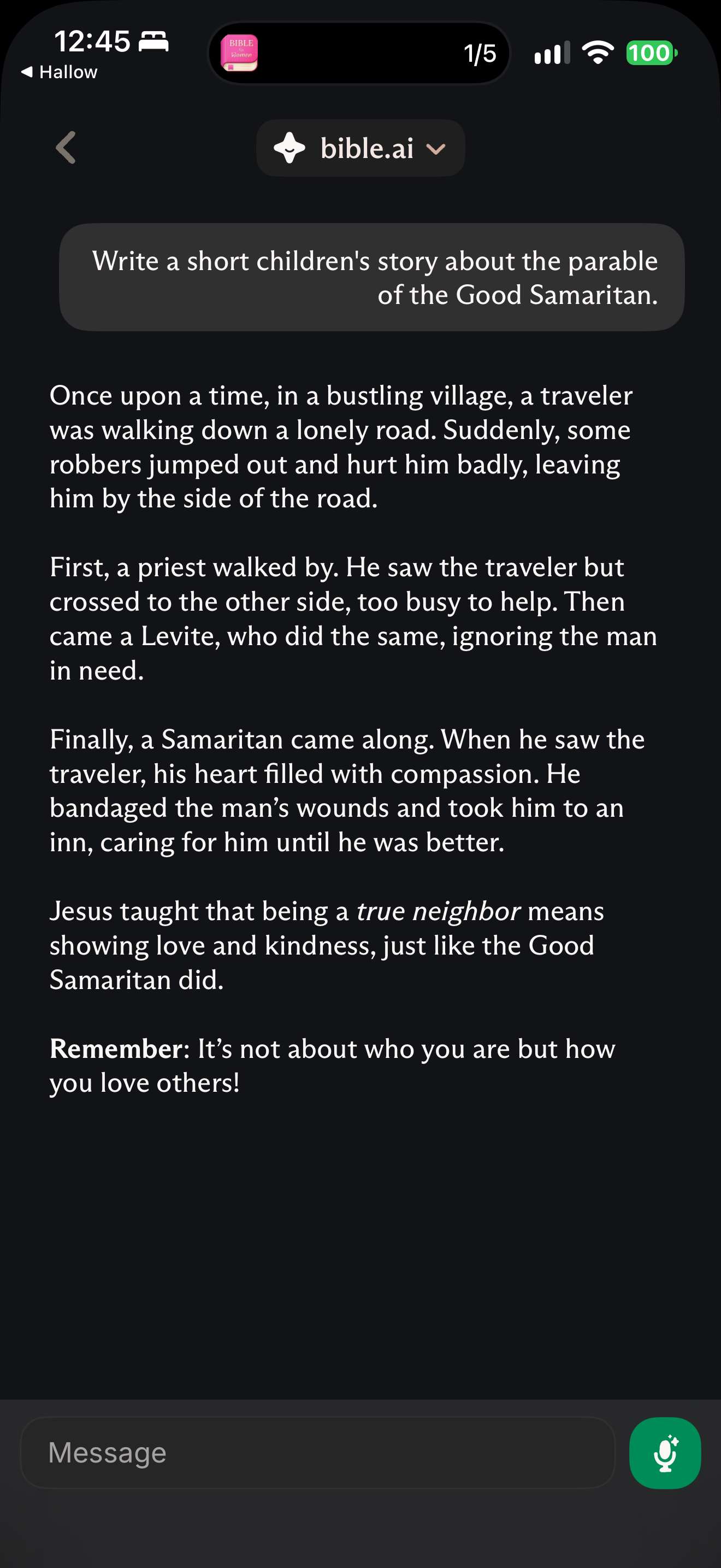 Children's story retelling: Asked for a short children's story about the Good Samaritan, the reply retells the parable in five short paragraphs ("Once upon a time…"), with priest, Levite and Samaritan, and ends "Remember: It's not about who you are but how you love others!" No passage reference is given.