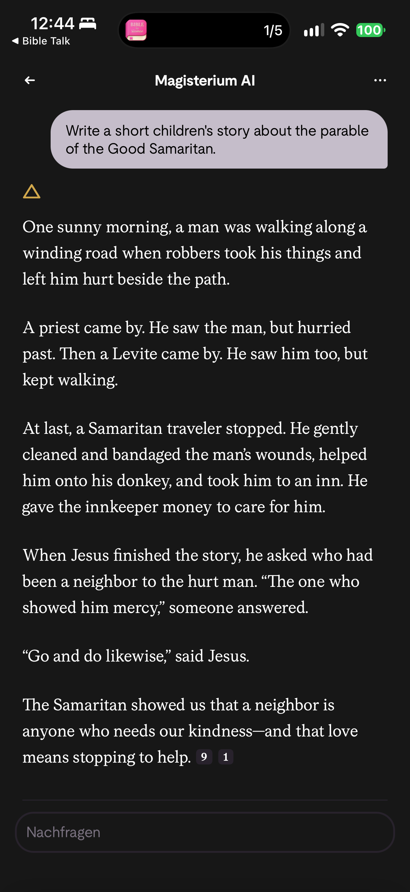 English children's story with markers: Asked in English for a short children's story about the Good Samaritan, Magisterium AI gives a seven-paragraph retelling ending "Go and do likewise" and "love means stopping to help", with source markers 9 and 1.