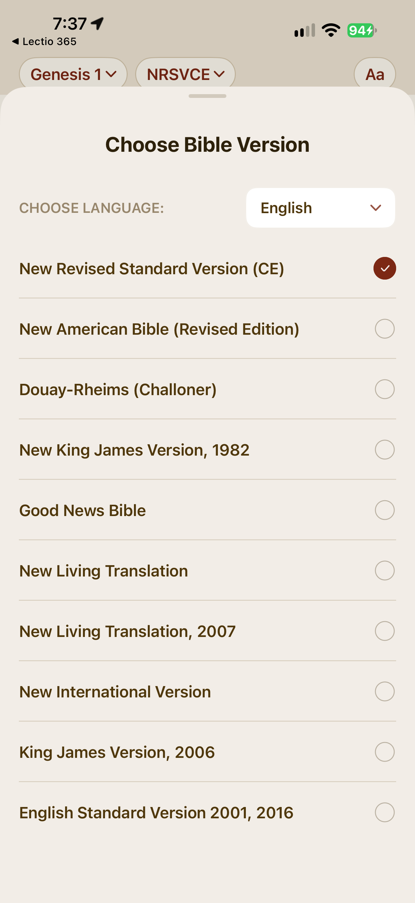 Bible version picker