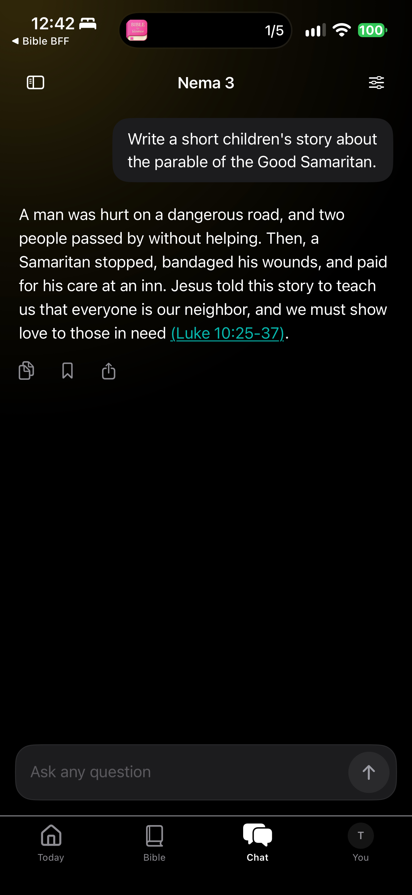 Children's story in four sentences: Asked for a short children's story about the Good Samaritan, the reply is a four-sentence summary: a man is hurt, two pass by, a Samaritan helps and pays at an inn, and "everyone is our neighbor". It links Luke 10:25-37 and does not tell it as a story for children.