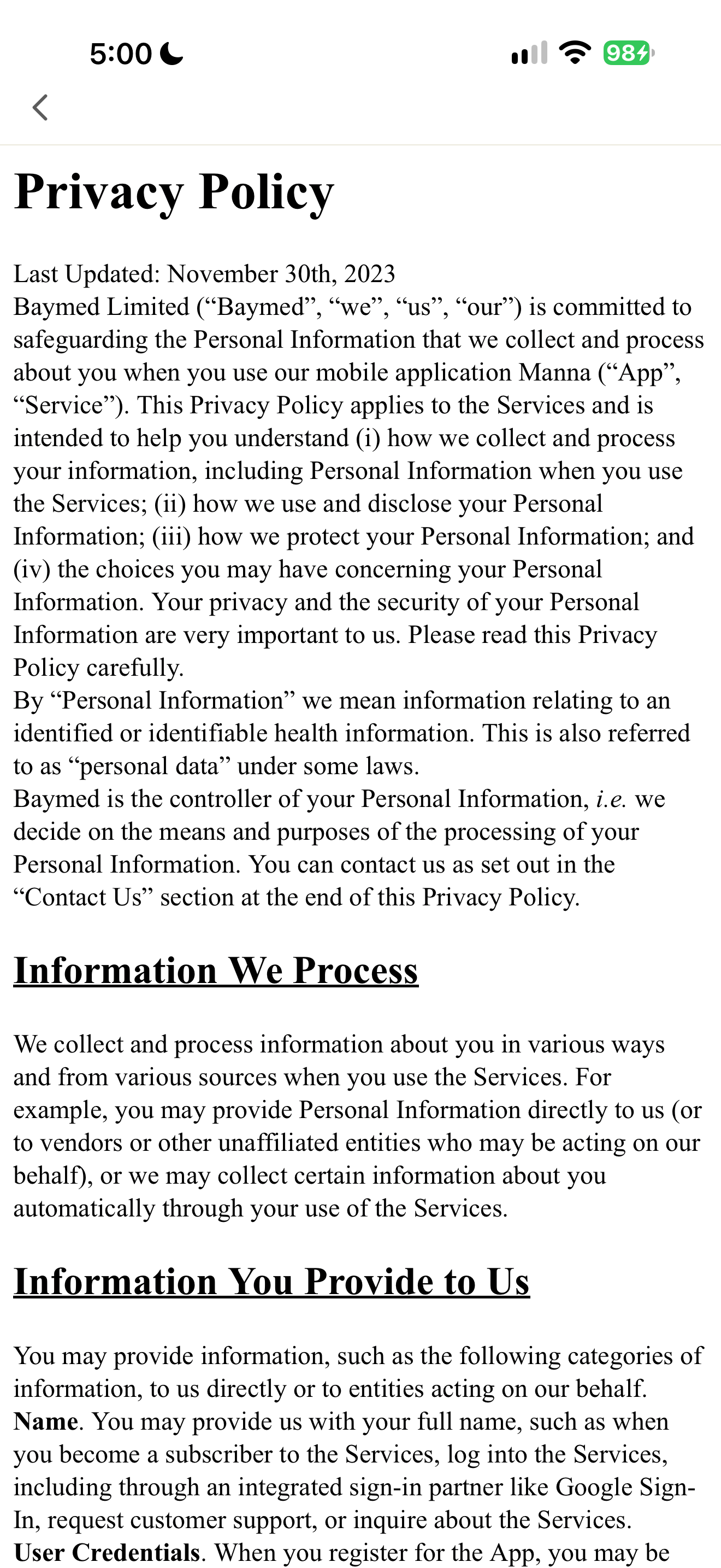 Manna privacy policy