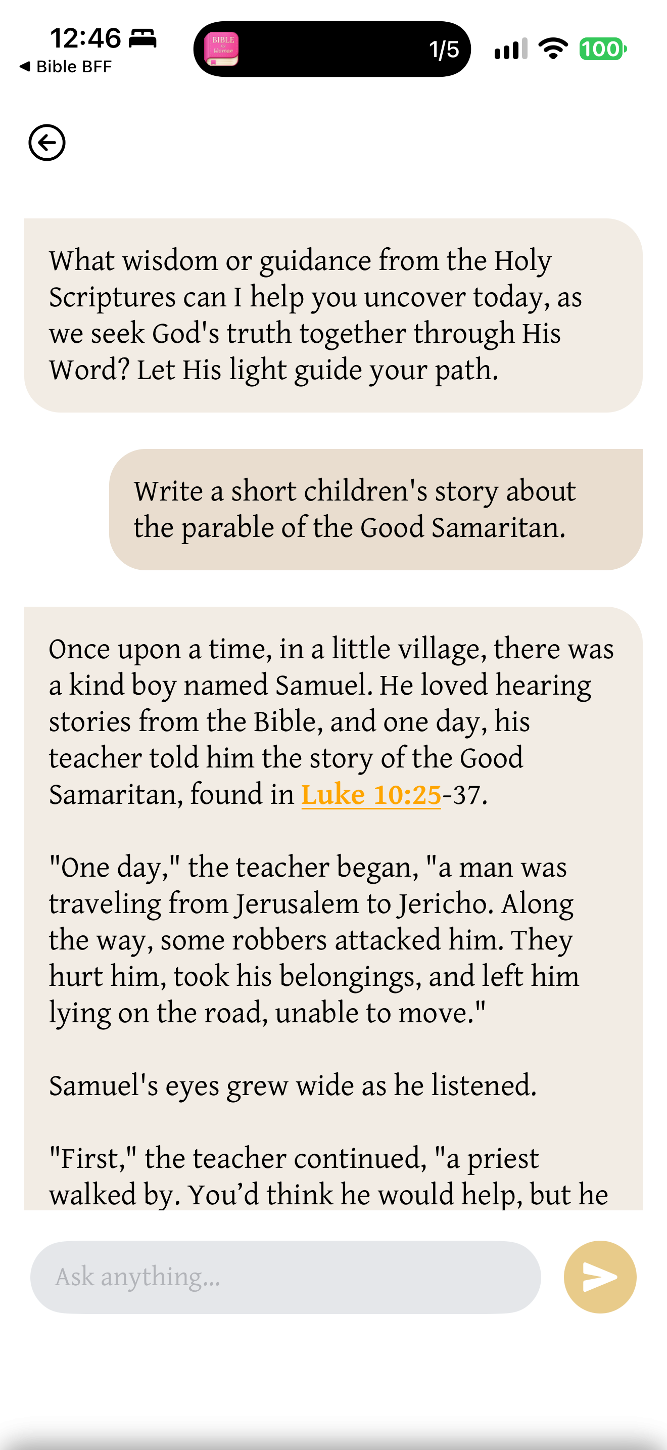 Frame story with a child: The top of the answer to 'Write a short children's story about the parable of the Good Samaritan.' introduces "a kind boy named Samuel" whose teacher tells the parable, linked as Luke 10:25-37, starting on the road from Jerusalem to Jericho.