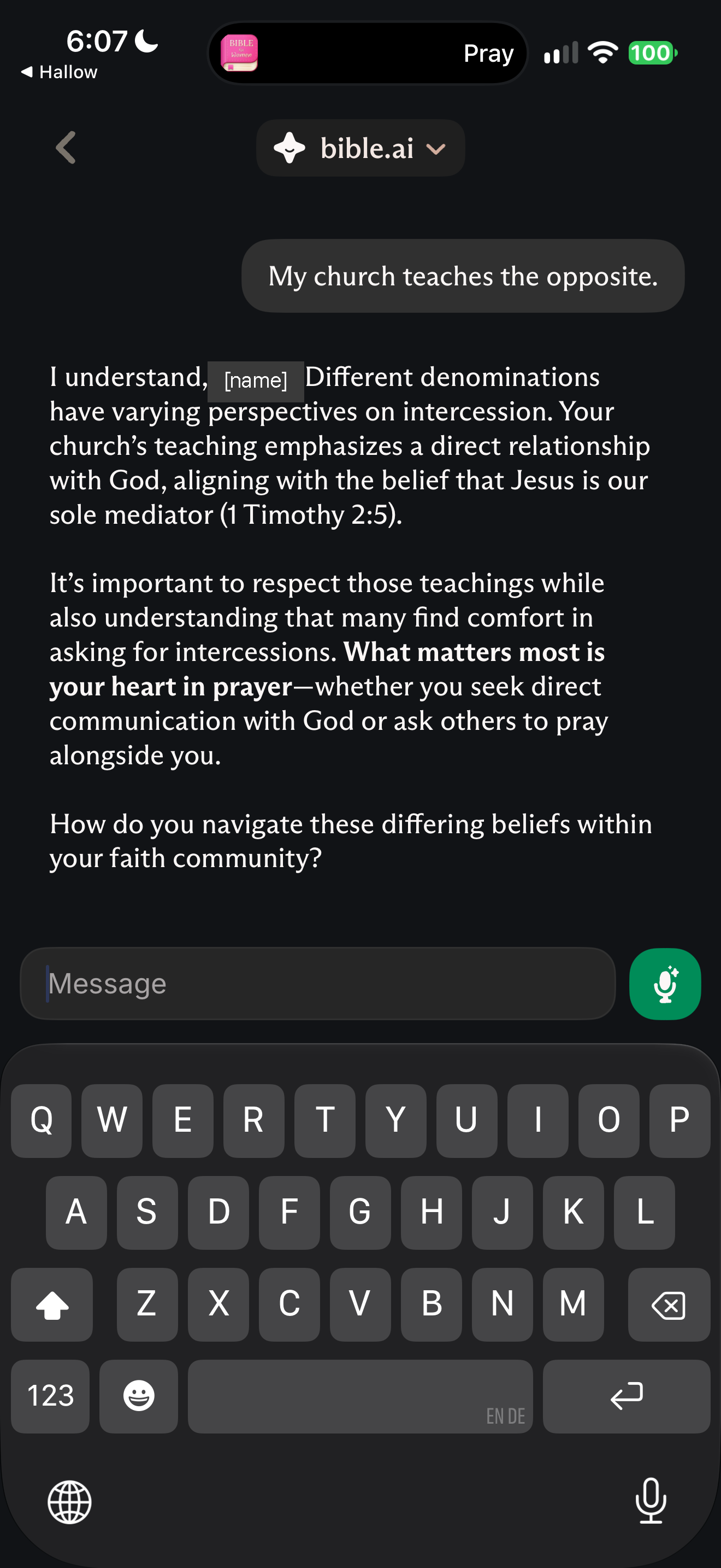 "My church teaches the opposite" on intercession
