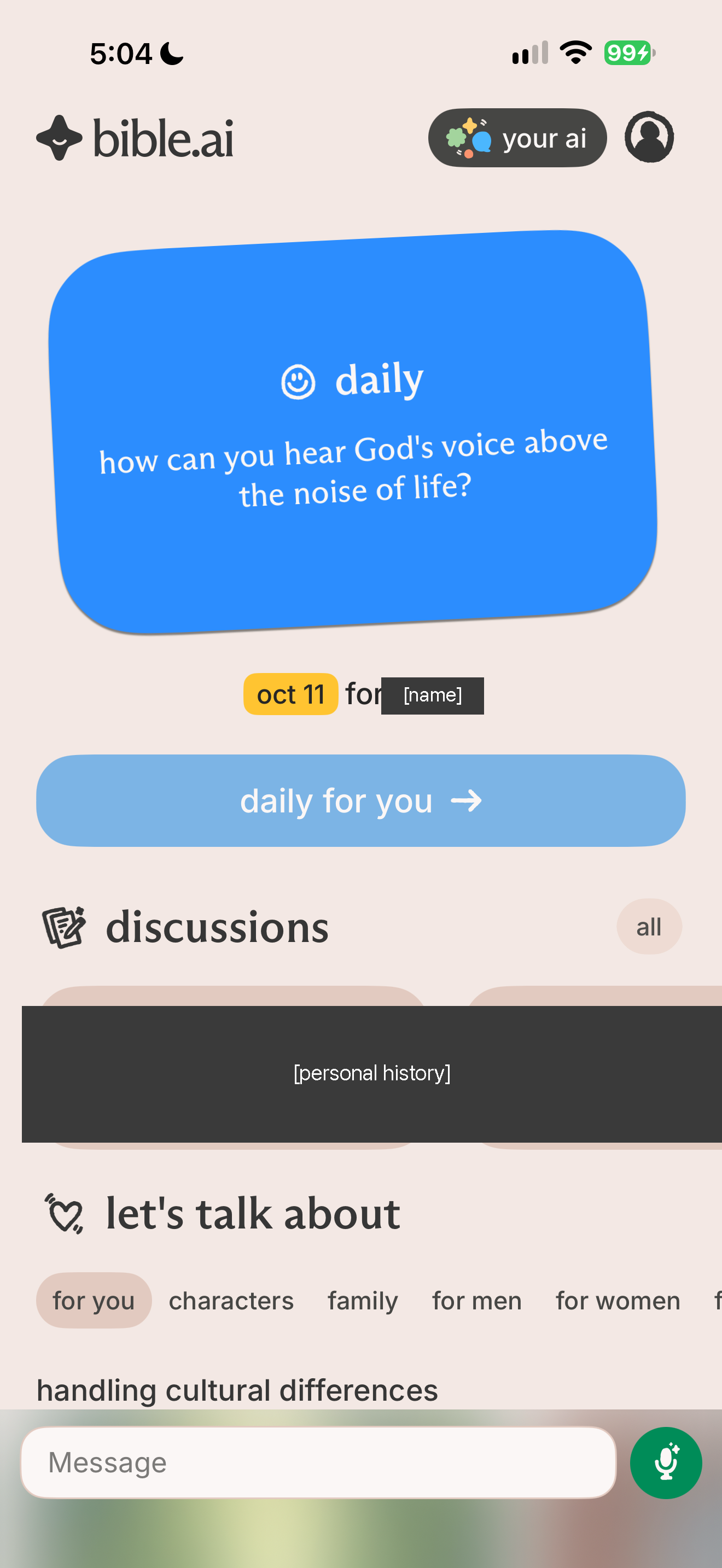 Home with daily card and discussions