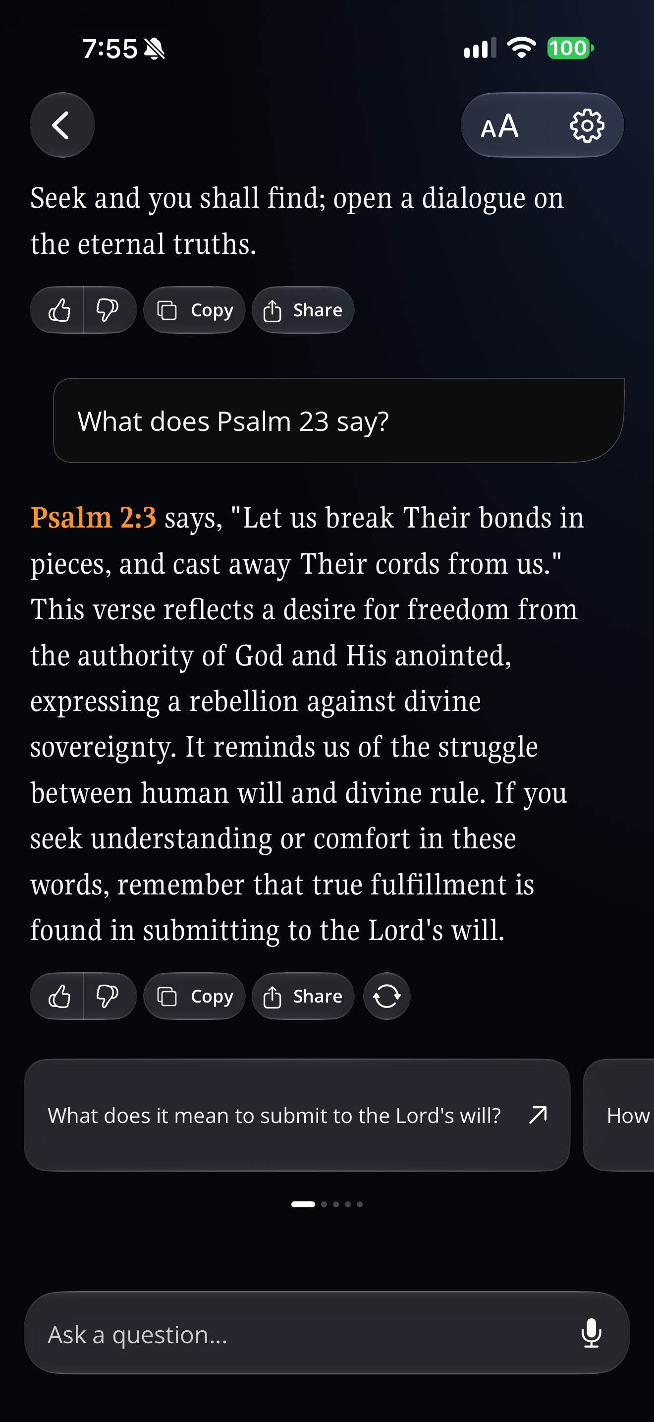 Psalm 23 question answered with Psalm 2:3