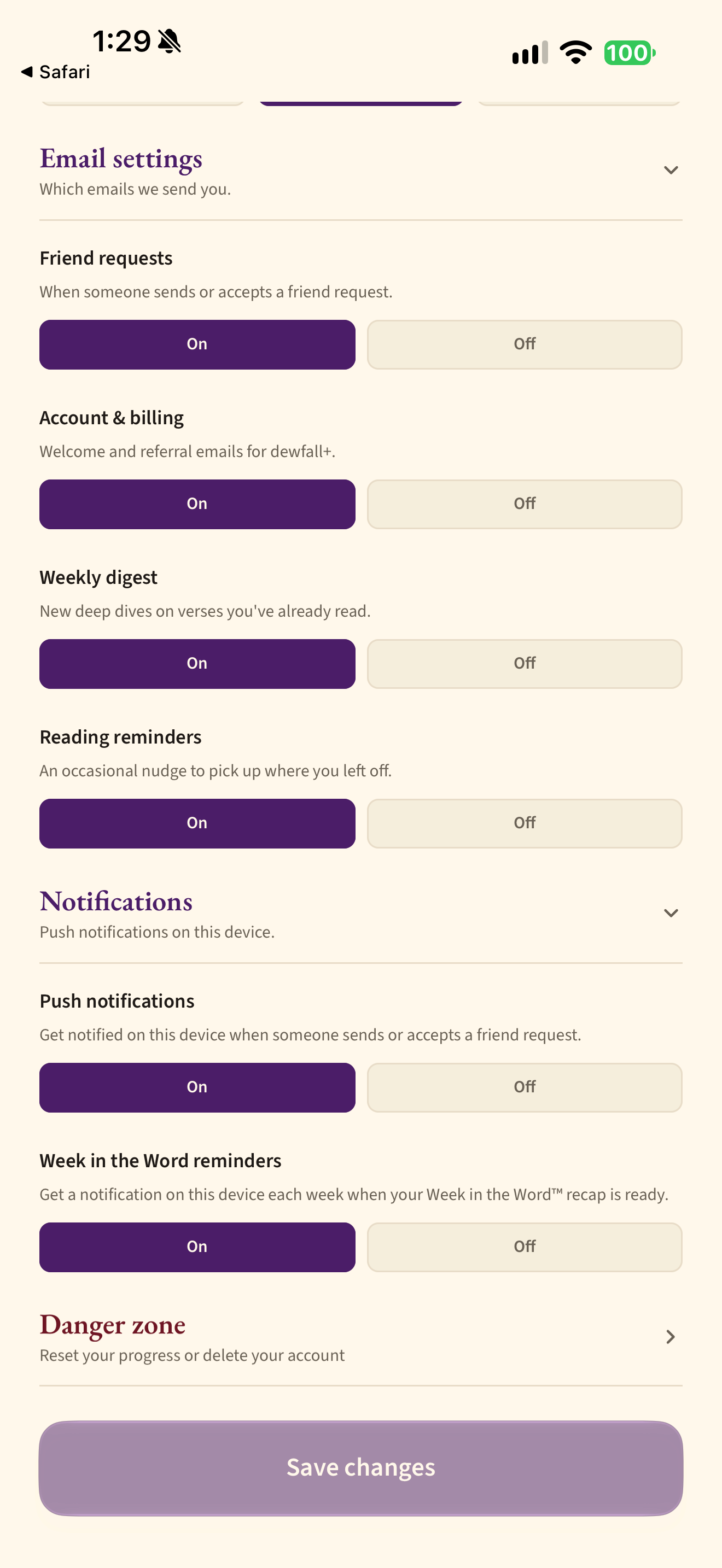 Push and weekly recap preferences