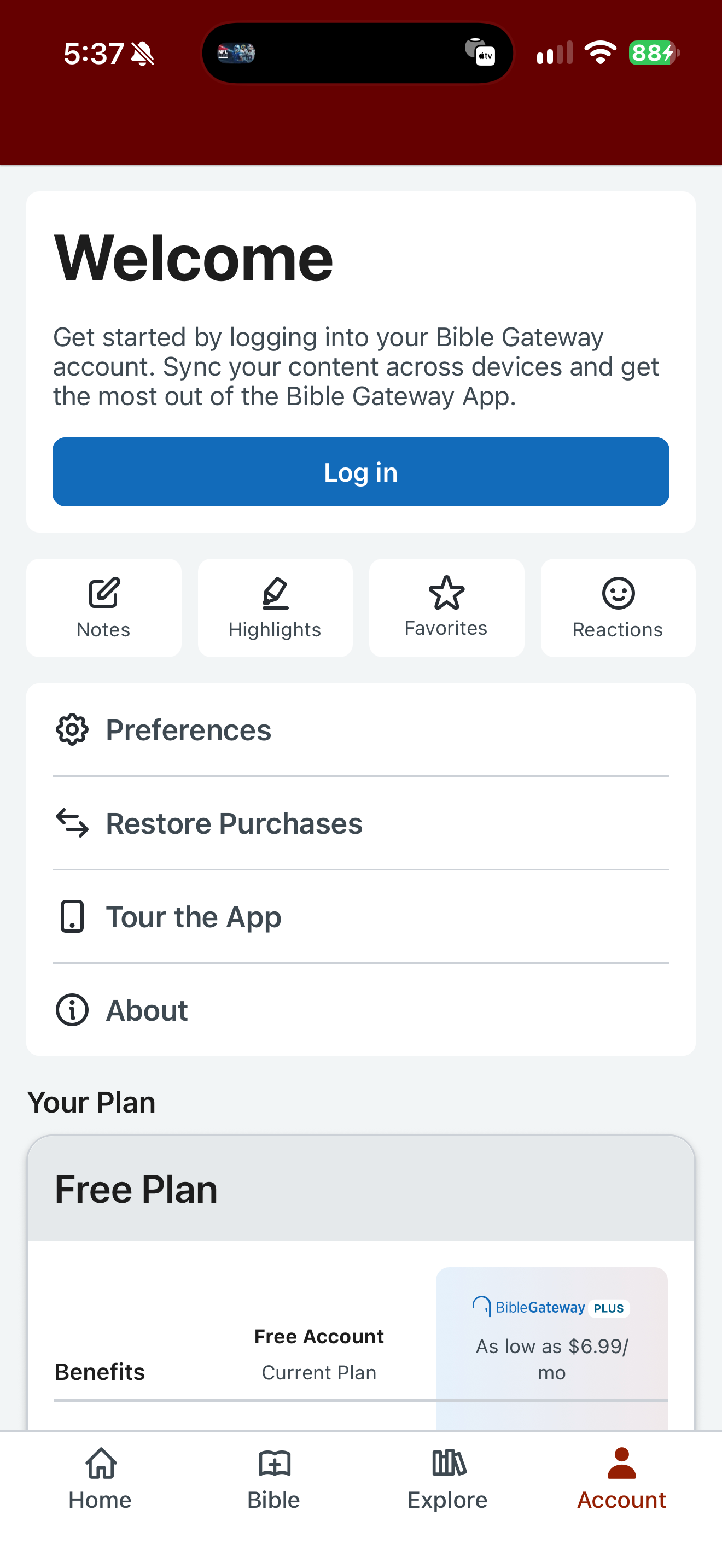 Account tools before login