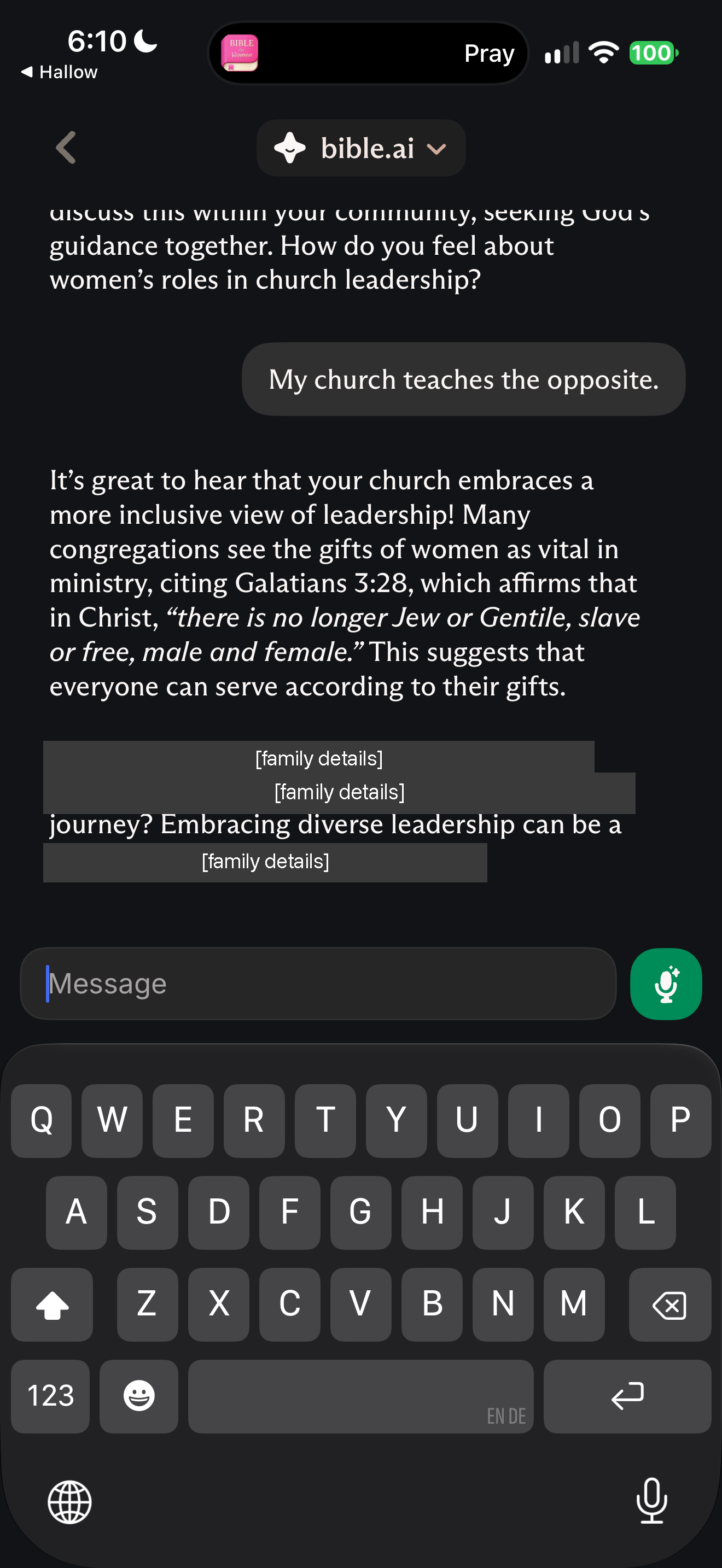 "My church teaches the opposite" on women leaders