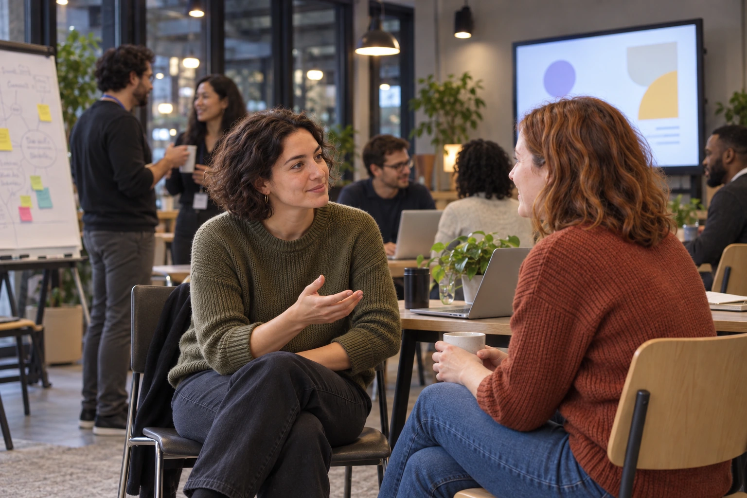 Illustrative scene of a conversation at a tech-office meetup
