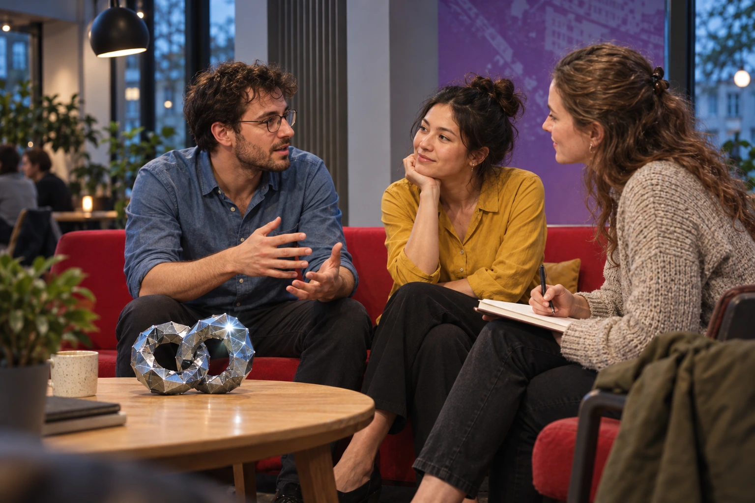 A generated startup-community conversation with linked fractured blue-silver silicon forms