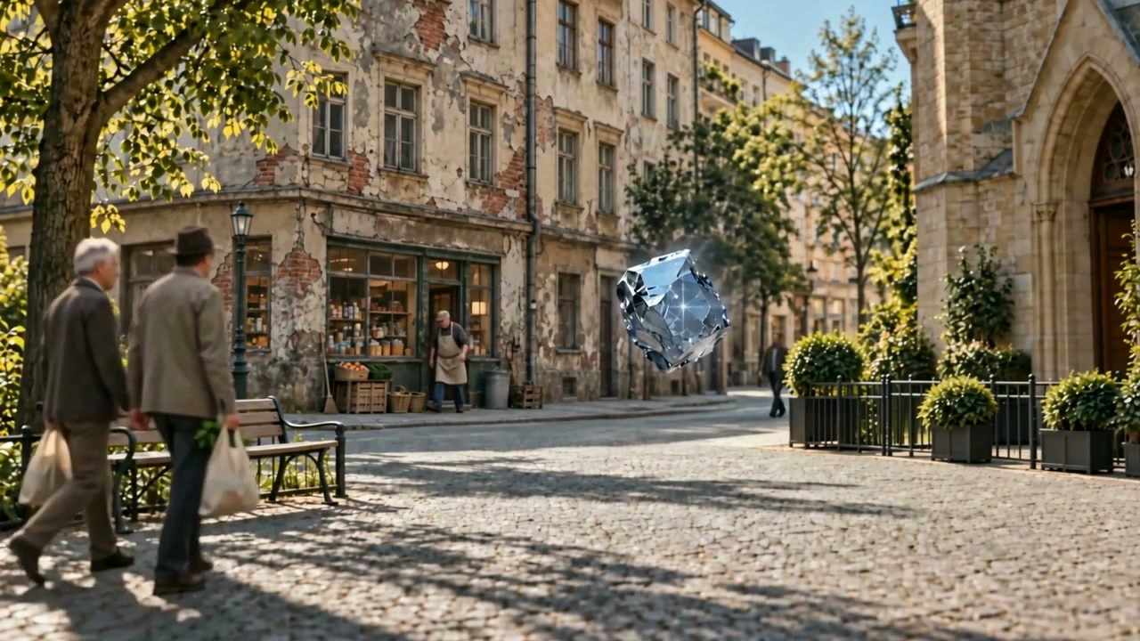 Generated Berlin neighborhood with a floating silicon specimen reflecting the light