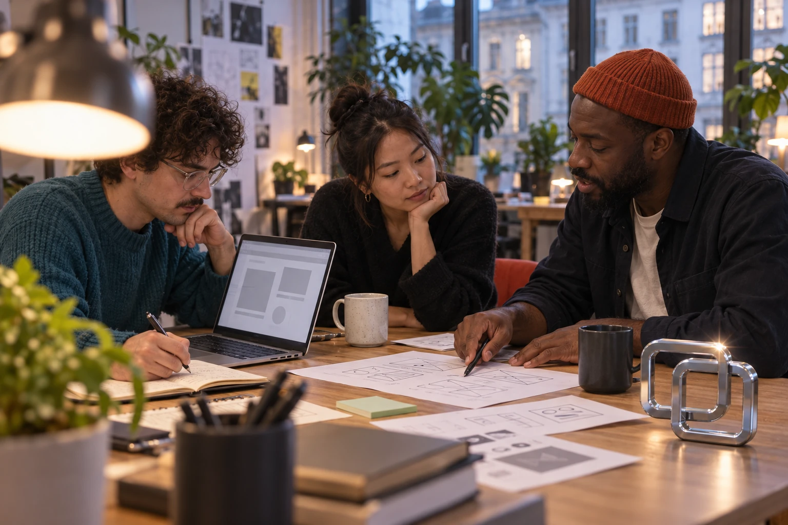 Fictional team working together on paper prototypes in an urban office