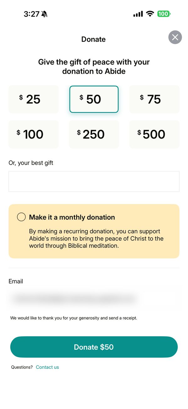 A donate sheet with $50 chosen and monthly left unticked