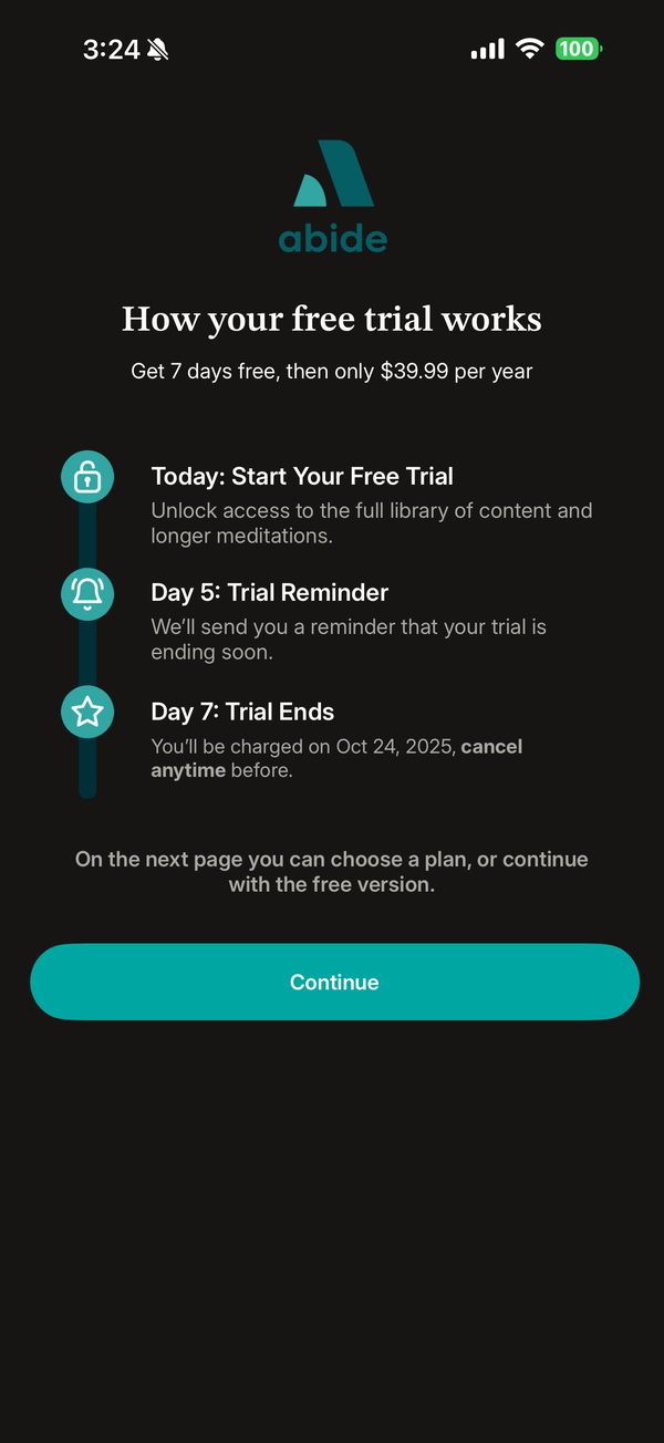 A trial screen with the reminder and charge dates