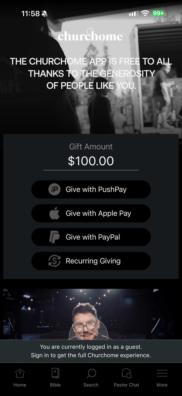 A church’s give screen with $100.00 filled in