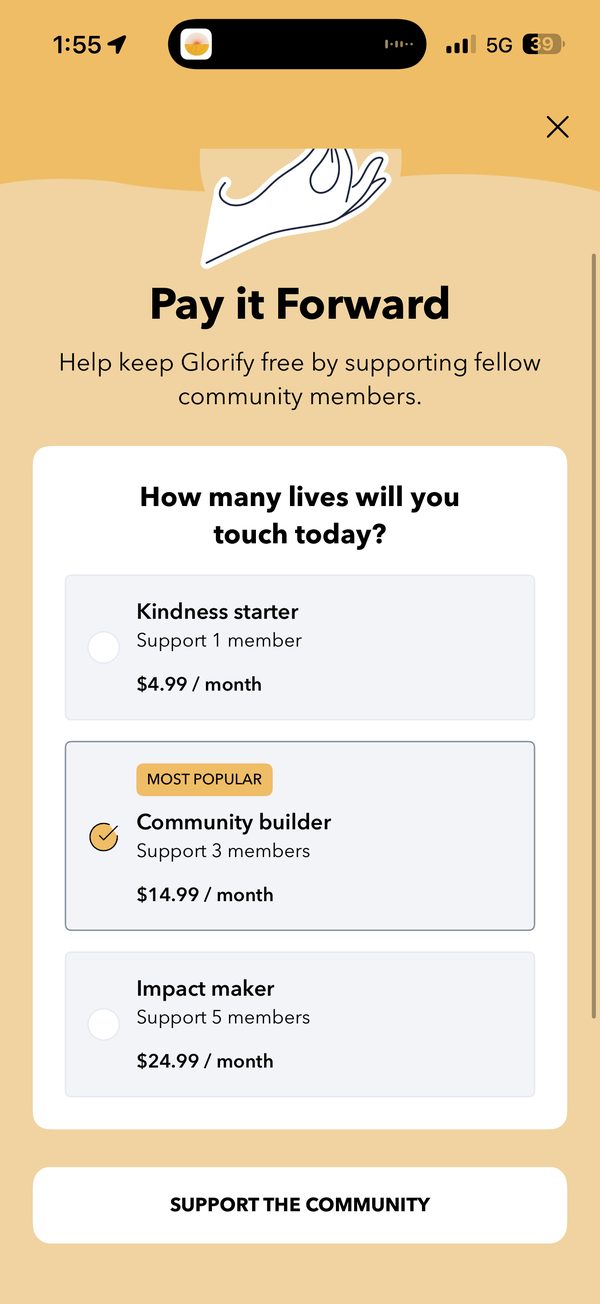 “Pay it Forward”: tiers with “Most popular” ticked