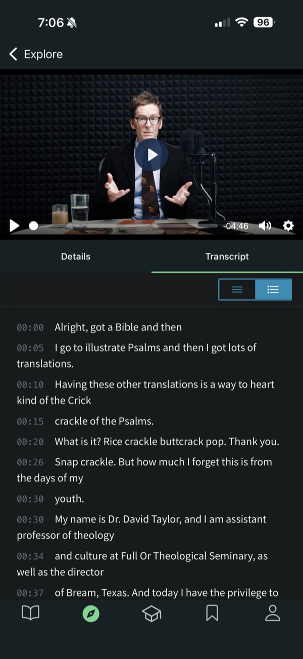 A timestamped transcript, with recognition errors