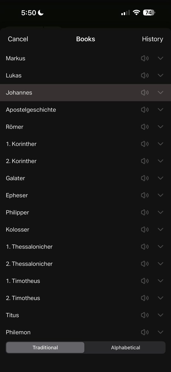 Book list with history, audio markers and two orders