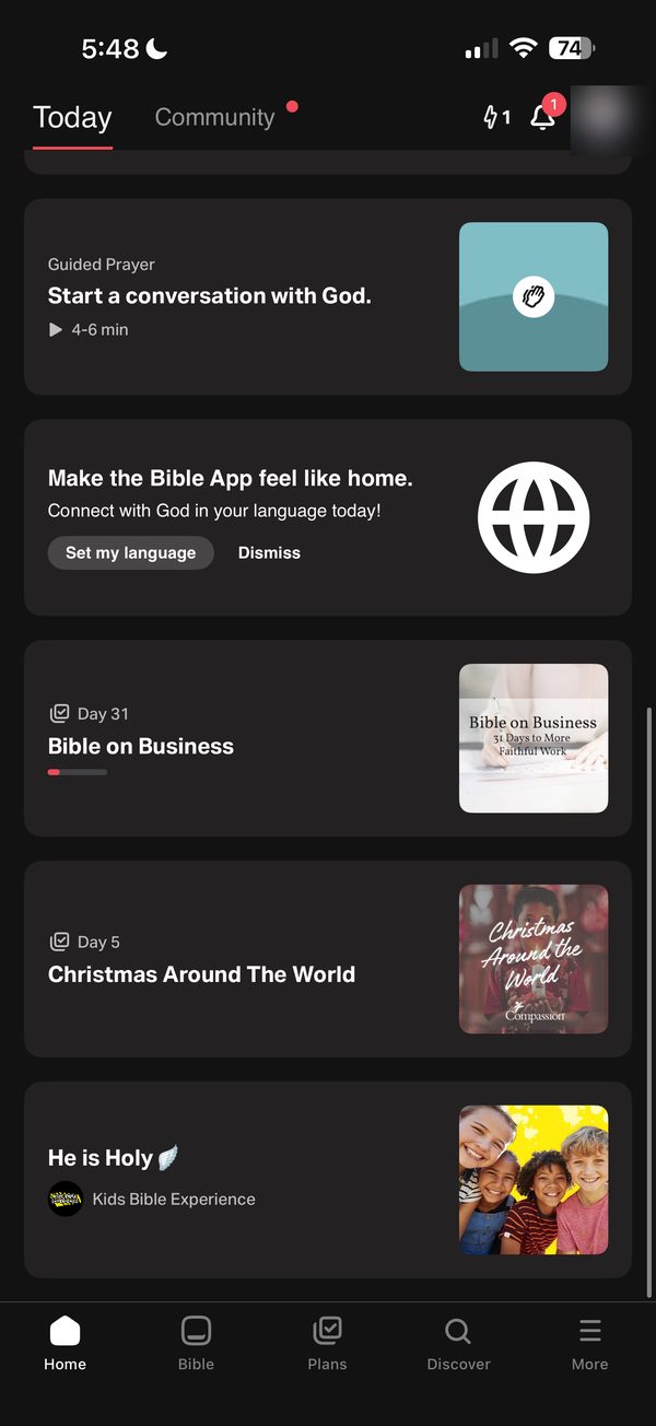 A Kids Bible Experience card in the Today feed
