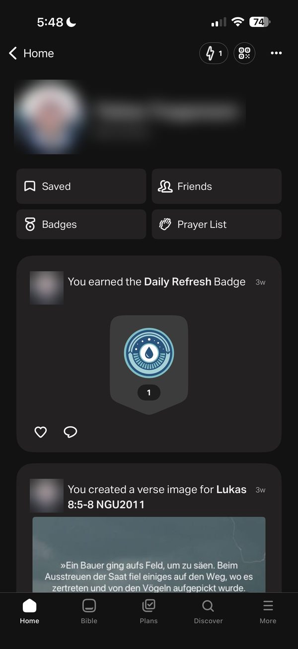 A profile that lists badges and verse images as activity